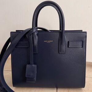 Saint Laurent Navy Small Leather Satchel with Strap